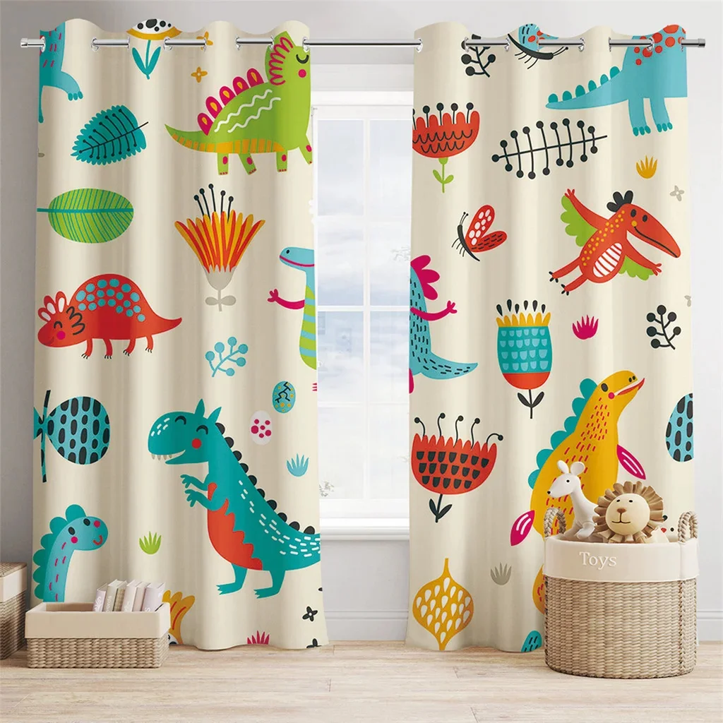 Children's Favorite Cartoon Style Dinosaur Pattern Curtains 2 Panel Boys Girls Room Bedroom Living Room Window Decor Curtains