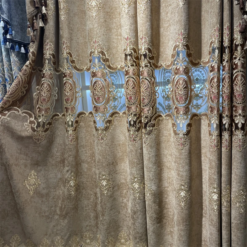 Luxury European and American Style Brown Blue Hollow Embroidery Bedroom Living Room Kitchen Hotel Customized Valance Curtain