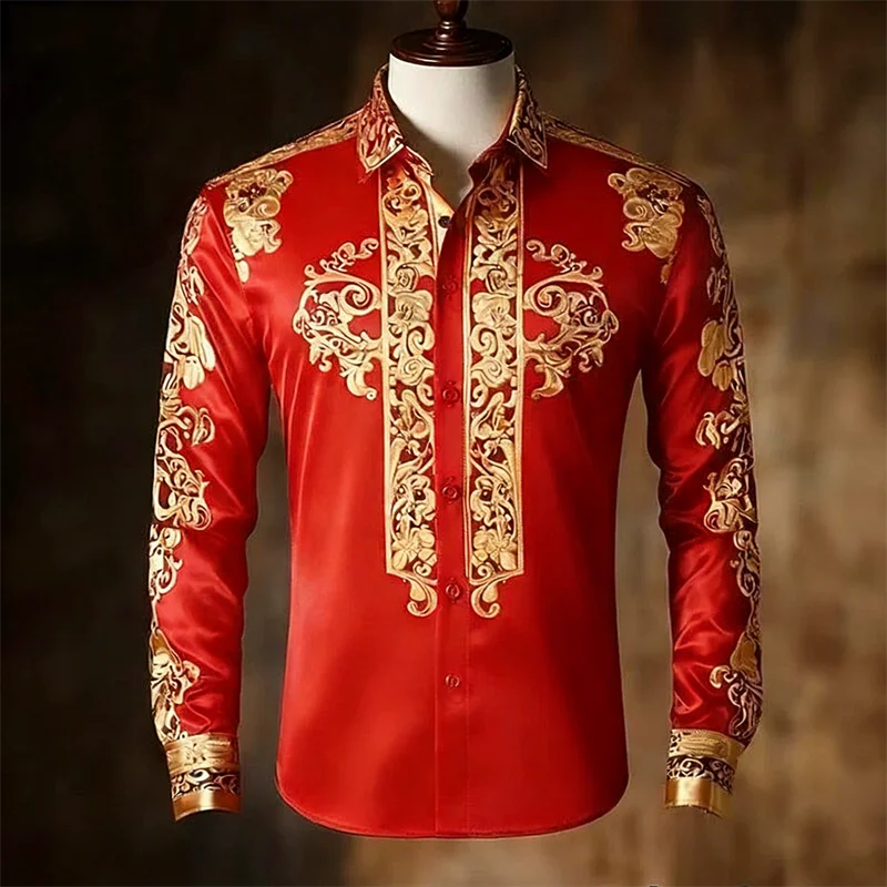 

New 11 color men's Baroque shirt long sleeved high-quality retro 3D printed button up long sleeved shirt top