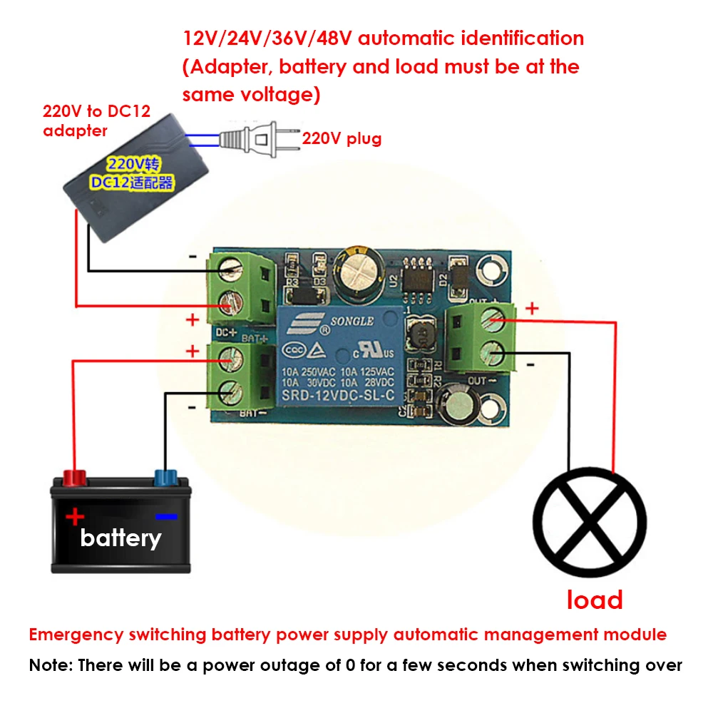 Dc 12V 24V 36V 48V 10a Voeding Batterijcontroller Automatische Noodstroomovergangsmodule Back-Up Batterijschakelaar