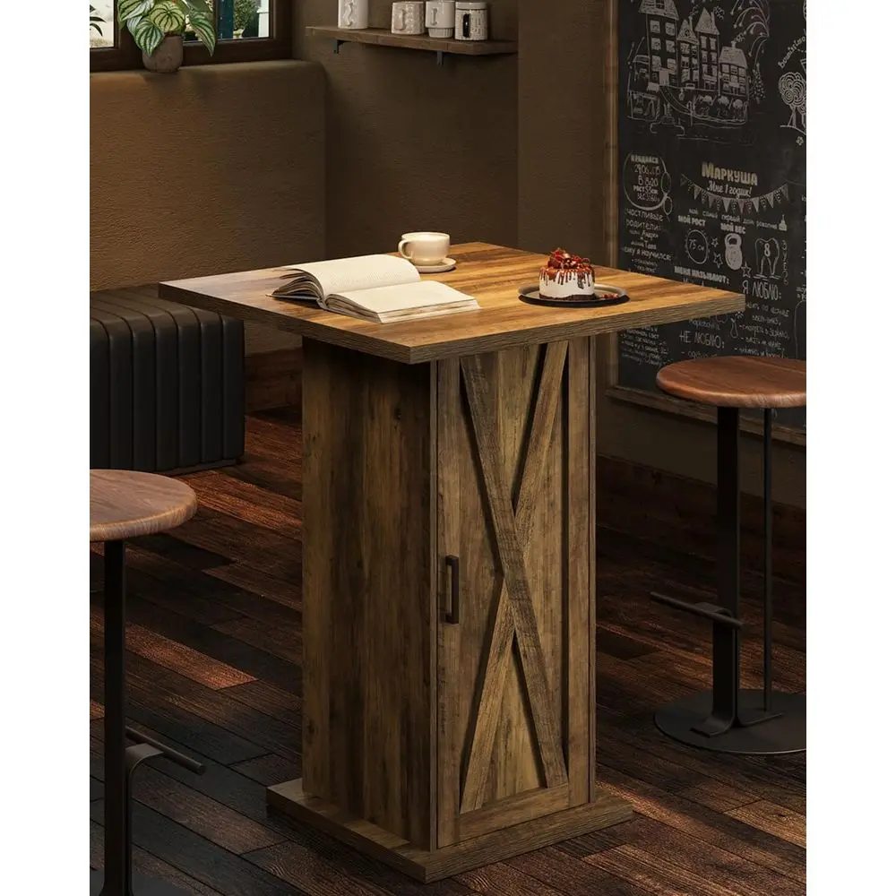 

Bar Table with Storage Cabinet, 39.4 H Square High Top Pub Table, Wood Bistro Cocktail Table, Farmhouse Design with 3-Tier Cabin
