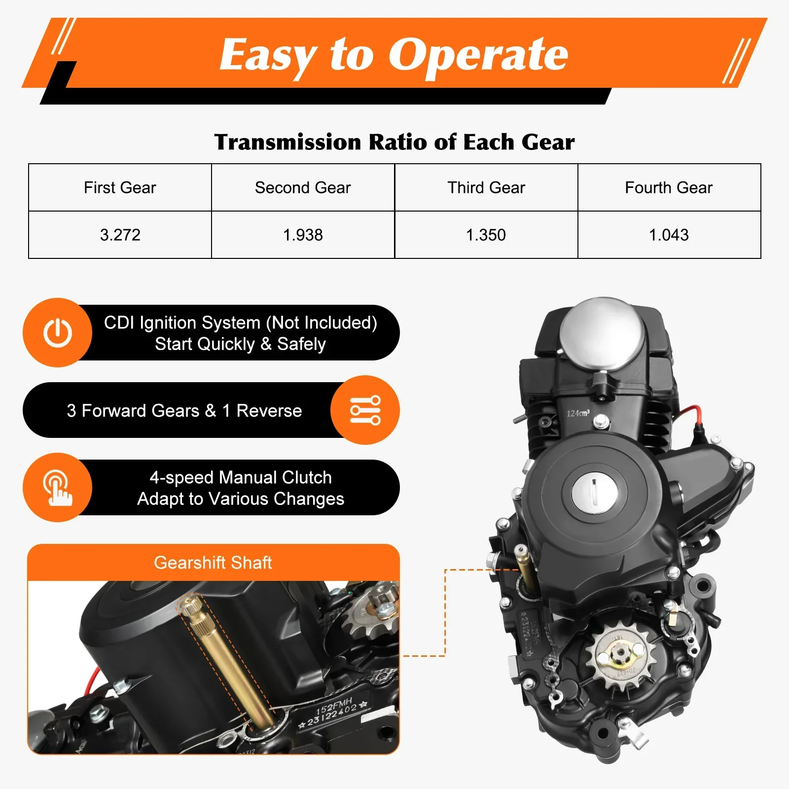 125CC 7.64HP 4 Stroke ATV Engine Motor  Air Cooling w/Reverse Electric Start For motorcycles, ATVs, go-karts, tricycles