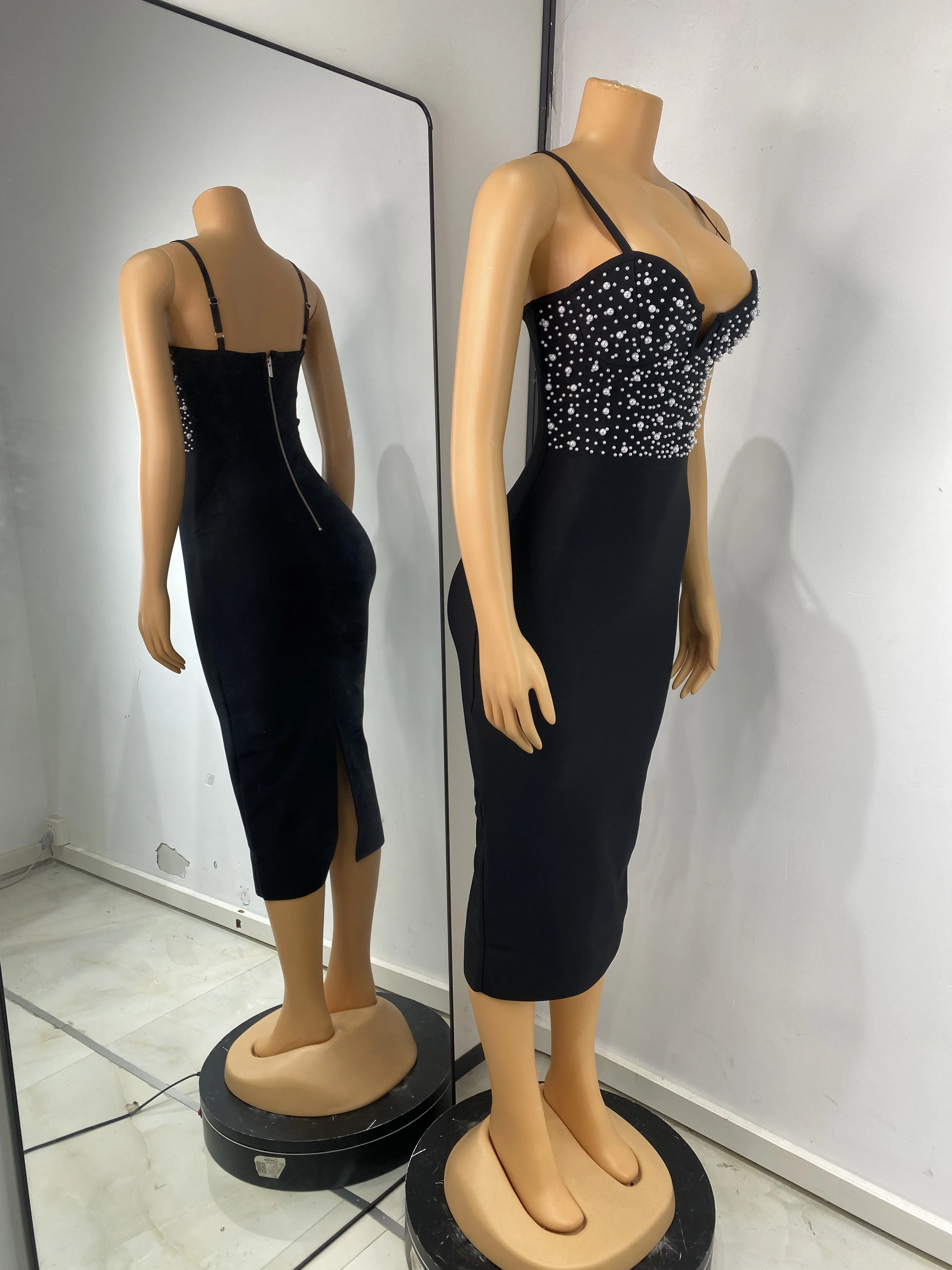 Vestido Bandage negro de verano para mujer, vestido largo con tirantes finos y cuello en V con perlas y pedrería, vestidos de fiesta para discoteca de noche de calle alta