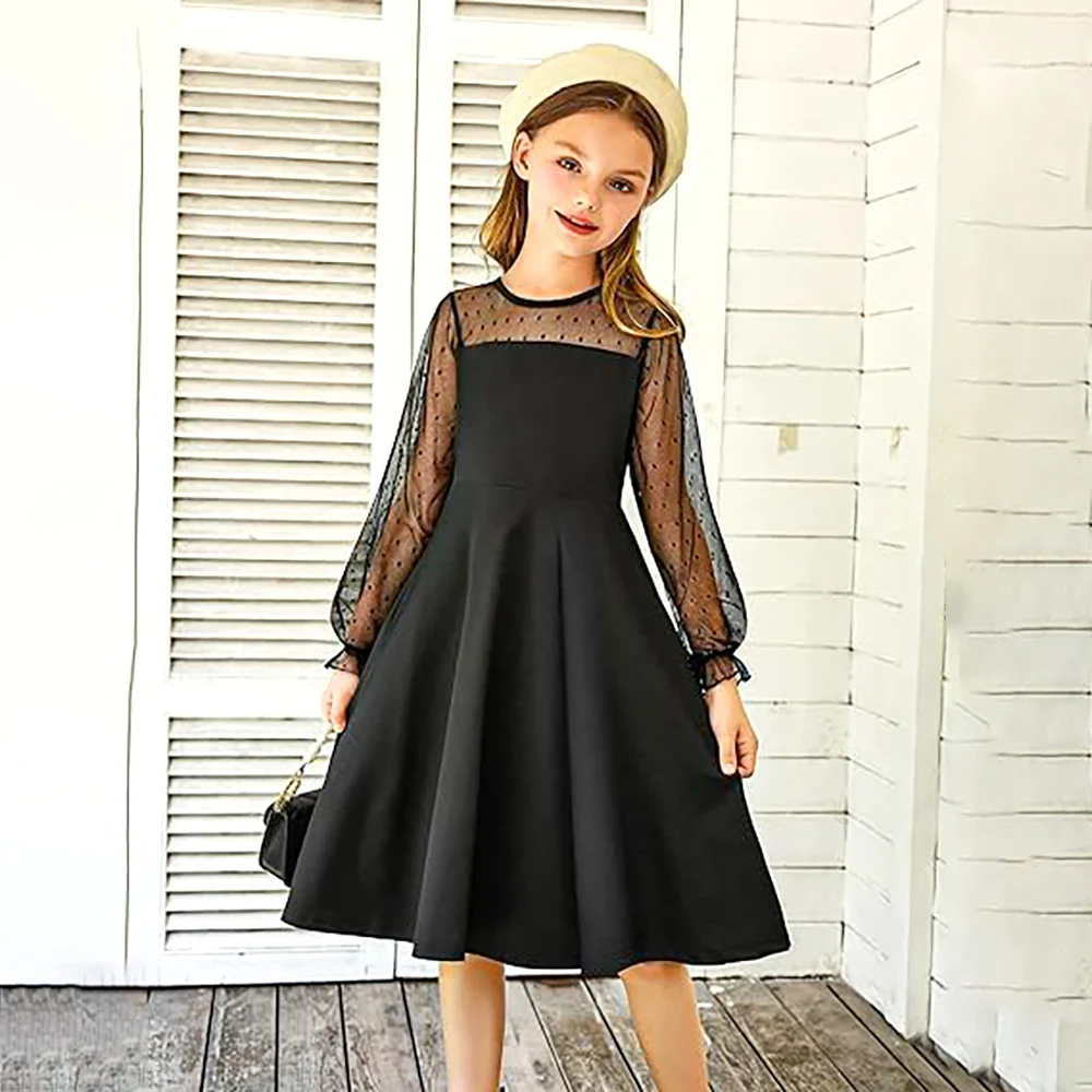 

Long-Sleeved Girls' Dress Net Christmas Princess Dress Children's Lace Performance Clothes Party Prom Black Daily Costume