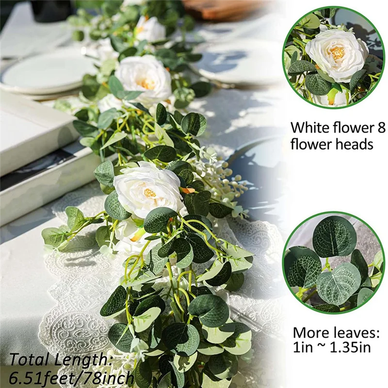 

M11K-4 Pack Эвкалиптовая гирлянда с розой цвета шампанского, зеленая гирлянда, объемная искусственная шелка, цветочные эвкалиптовые листья, лозы (C)