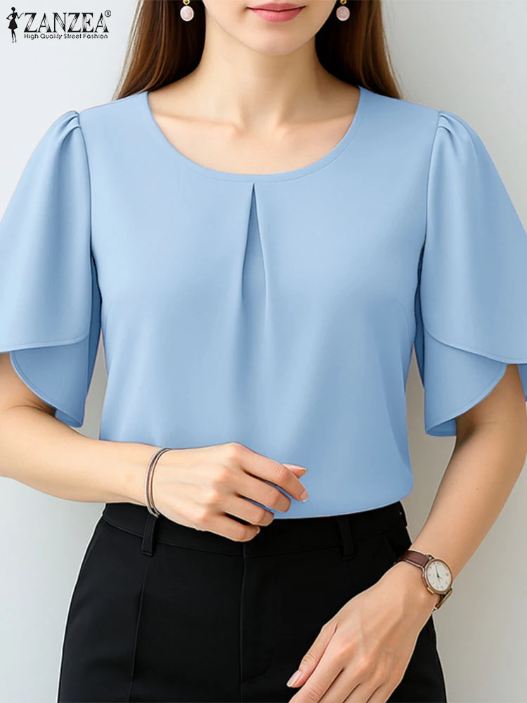 

Elegant Women OL Work Blouse ZANZEA Summer Office Shirt Short Petal Sleeve Tops Stylish Solid O Neck Tunic Holiday Blusas Femme