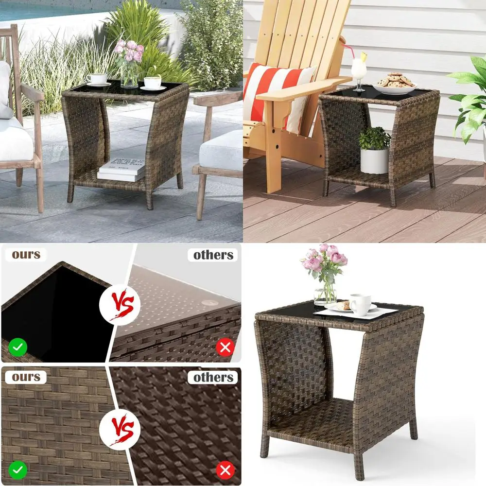 

Плетеная садовая тумбочка с стеклянной столешницей для патио, сада или балкона