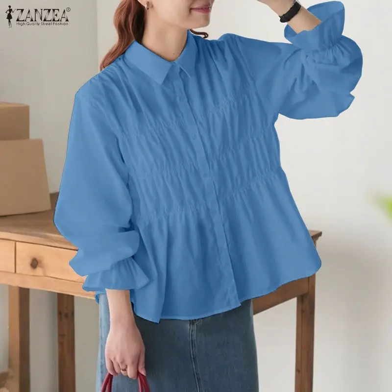 

ZANZEA Элегантные офисные женские рубашки, женские модные топы с рюшами, весна 2026, однотонная блузка с длинными пышными рукавами и лацканами, женская одежда OL