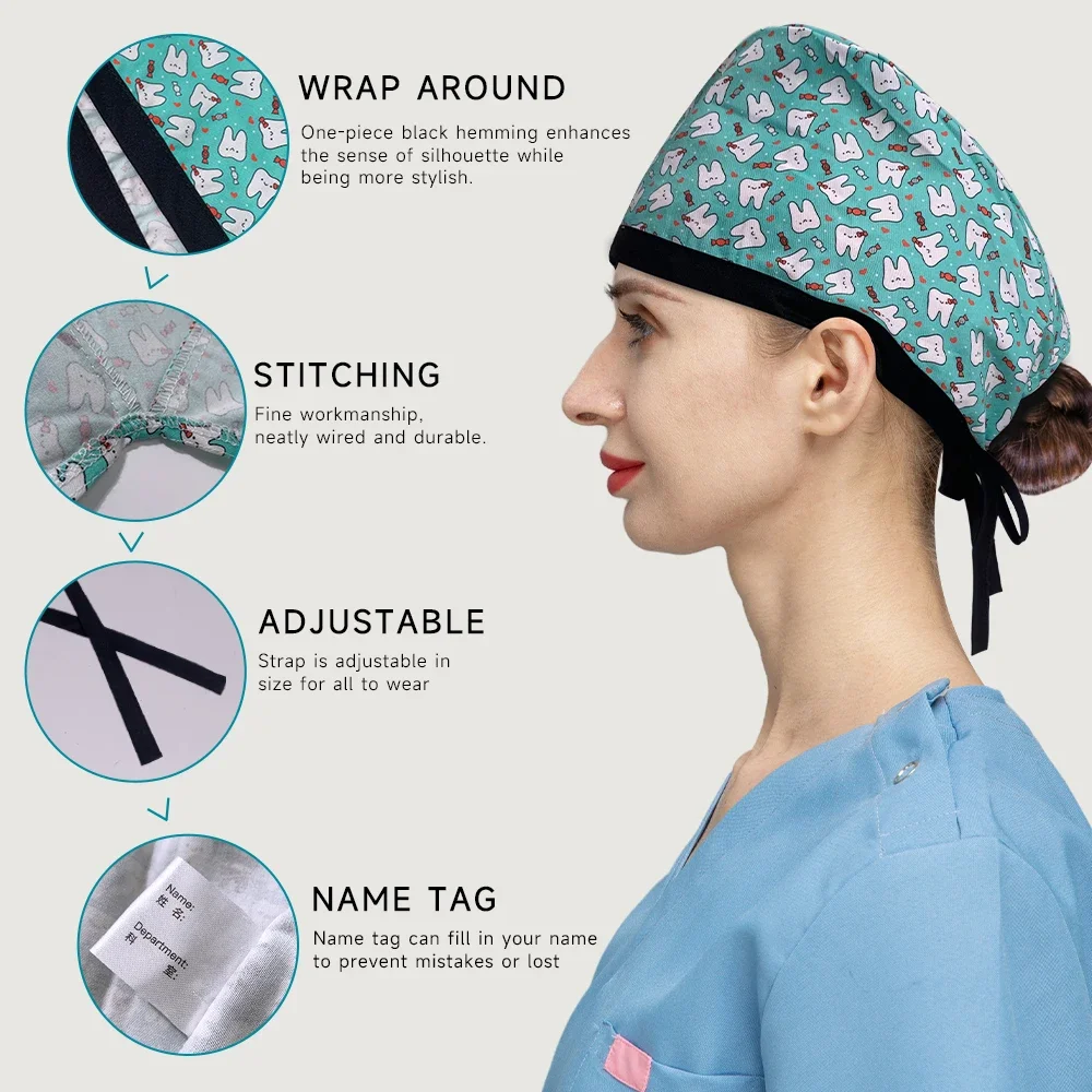 Gorro médico con estampado de dibujos animados, gorros de trabajo para médicos de Hospital, gorro de fregado para trabajadores de la salud, Clínica de mascotas, enfermera, esteticista, gorros de enfermería