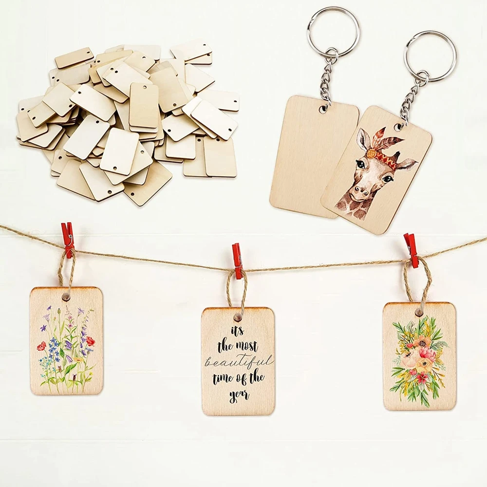 40pcs DIY Wood Keychains Blanks Tassel Charms Set Round Rectangle Wooden Ornaments Blank Key Rings Keychain Tassels Jump Rings