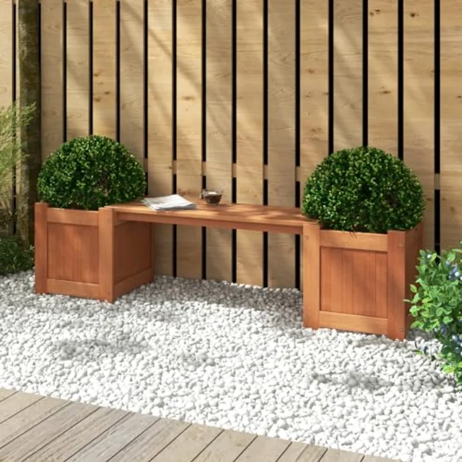 

Outdoor wood planter box bench with 2 planter boxes natural wood color weather-resistant for patio yard deck balcony