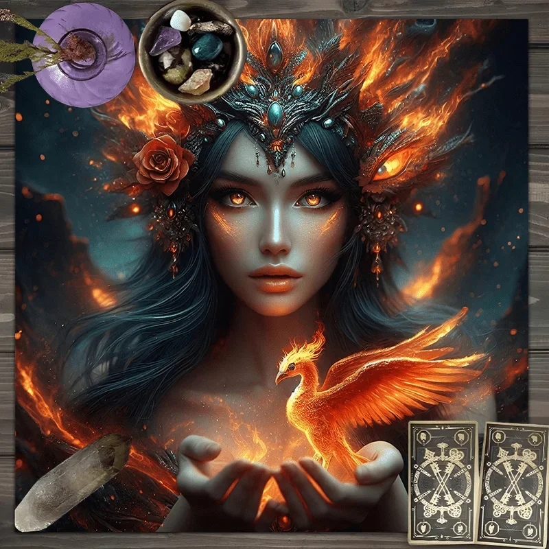 Nappe de divination Phoenix 50/75/110 cm, flamme dorée, tarot, prédiction, table d'autel, décoration ésothérale, effet Stardust