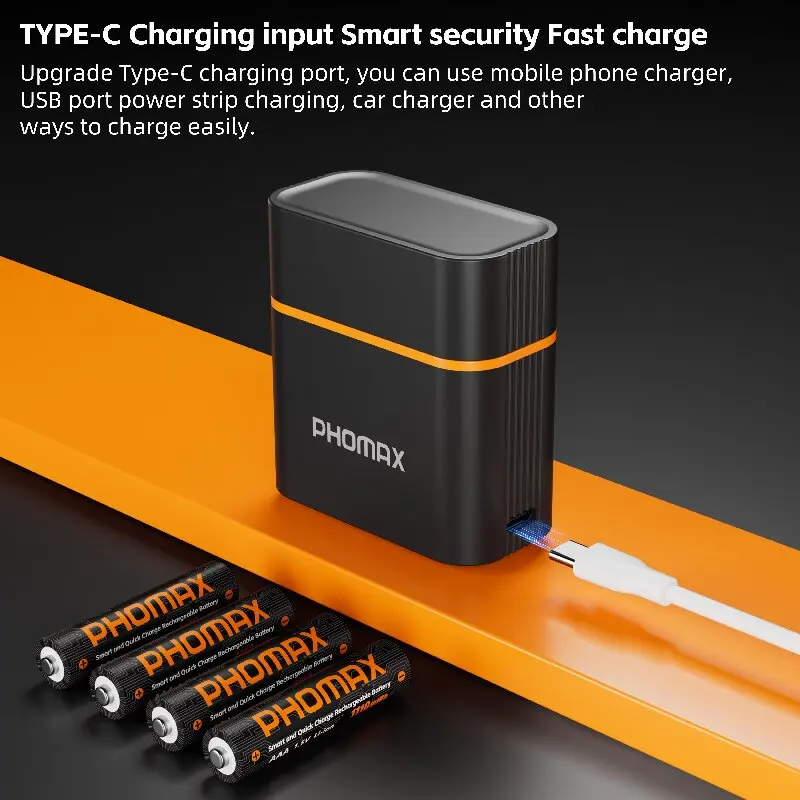 PHOMAX Hochwertige 4 Stück AA wiederaufladbare zylindrische Lithium-Ionen-Batterien mit intelligenter LED-Anzeige, professionelles Batterieladegerät