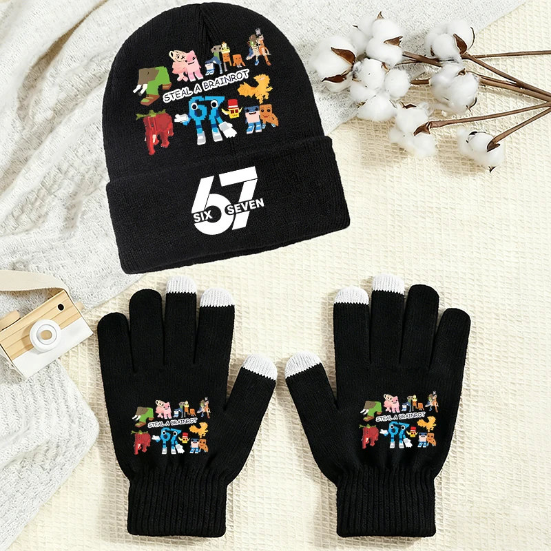 

Steal A Brainrot Man Woman Knitted Hat Glove Cute Anime Printing Kid Kawaii Outdoor Warm Knit Cap Glove 2pcs Set Party Game Gift