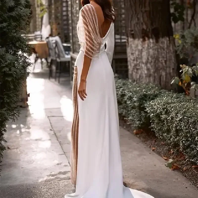 Robe de mariée en tulle à manches longues et col en V pour femmes, robe fendue dans le dos, robe de soirée de Rh, vêtements de mode sexy