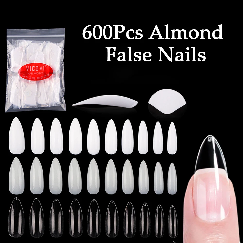 600Pcs Almond False Nails Full Cover Acrylic Water Drop Nails Clear/Natural XXL No-Trace Seamless Almond Press on Nails Manicure