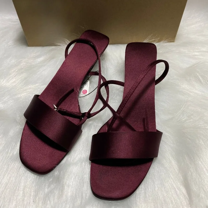 Luxury Satin Ankle Strap Low Heels Women Modern Sandals Summer Elegant Open Toe Brand Designer Large Size Female Office Shoes