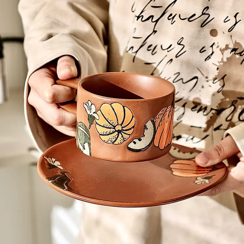 

Porcelain hand-painted coffee cup with dish Long handle breakfast set ceramic cup and dish