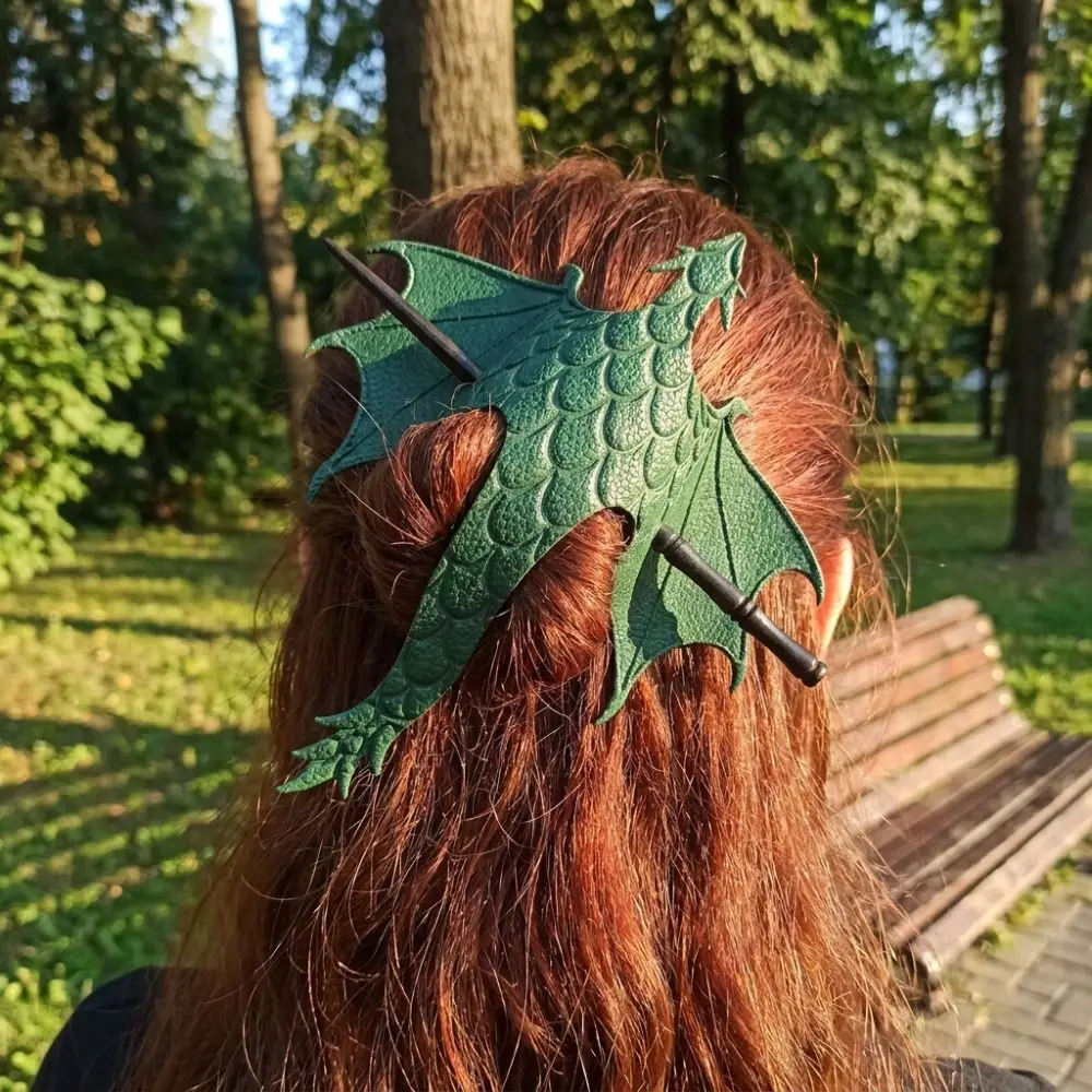 Carved Dragon Medieval Leather Dragon Hair Stick With Wooden Stick Knight Themed Flying Dragon Wing Hair Accessory Gothic
