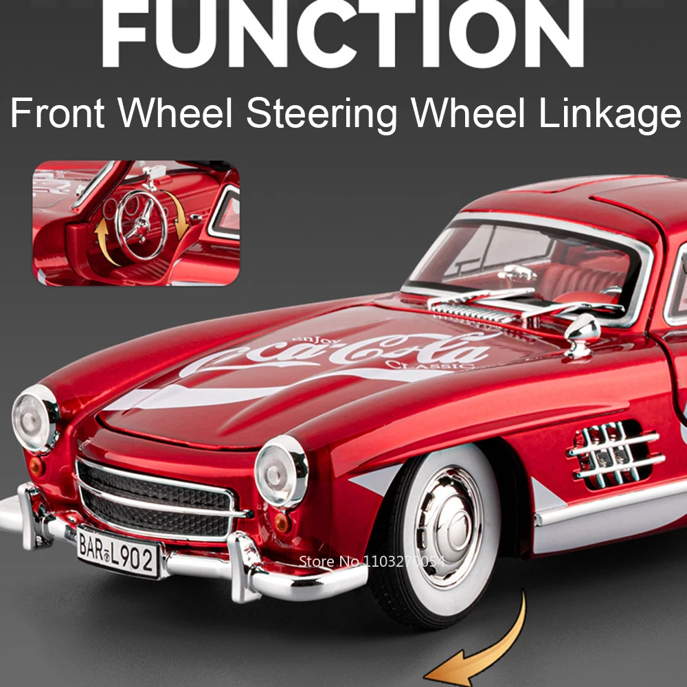 1:24 300SL 500K Metalowy Model Samochodu Vintage Odlewany Ciśnieniowo Zabawka Dźwięk Światło Napęd Pull Back Miniaturowy Pojazd Otwierane Drzwi Modele Prezent dla Chłopca Kolekcjonerski