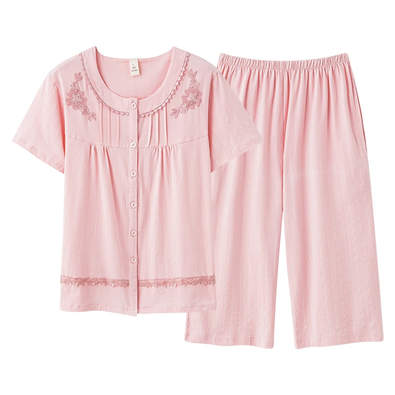 Summer Lace Flower Pajamas Sets Women Pure Cotton Pyjamas Female Short Sleeve Cardigan O-Neck Tops With Calf Pants Ladies Pj Set