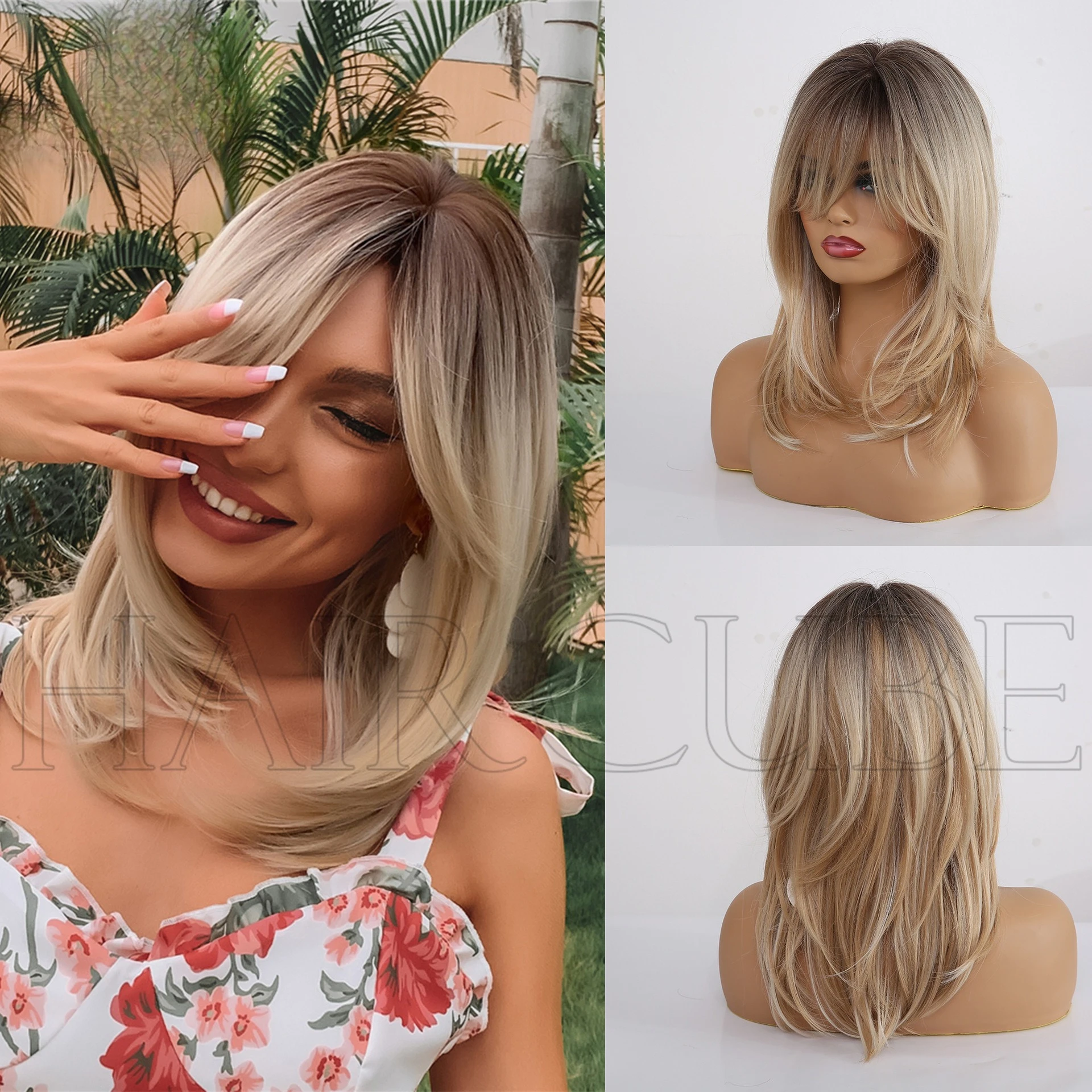 

Wig female medium and long hair European and American style eight-character bangs dyed blond shoulder-length medium and long str