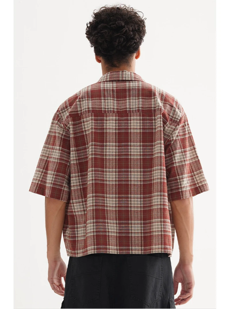 Men's Fashion Boxy Fit Checkered Short Sleeve Shirt 100% Cotton Oversized Casual Slim Fit Vintage Plaid Shirt Summer Couple Tops