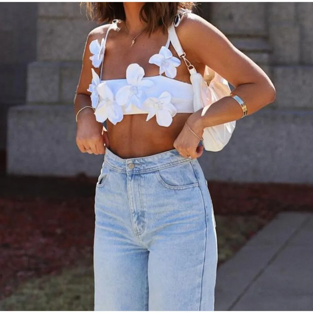 

Casual 3D Flower Spaghetti Strap Top Lace-up Sleeveless Camisole Sexy V-Neck Crop Tops for Women