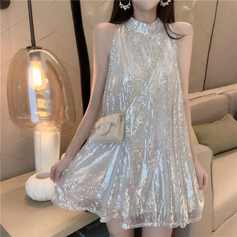 

Sexy Women's Sleeveless Dress Fashion Summer Luxury Elegant Y2K Hot Girl Loose Y2K Sequined Sleeveless Vest Hanging Neck Dress