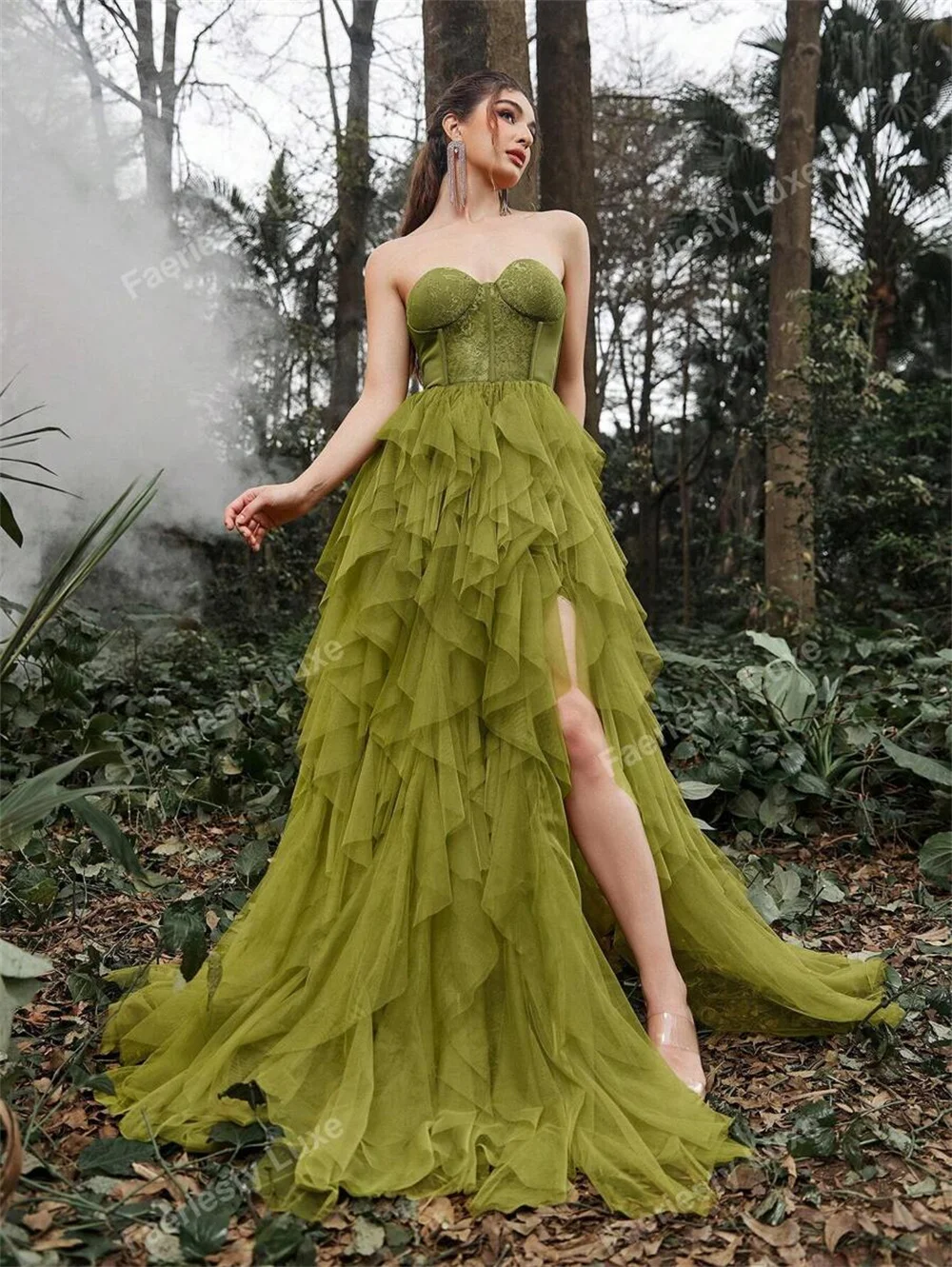 Sansa Green Tulle A-line Strapless Prom Dresses Side High Split vestidos de noche Elegant Floor-length Sleeveless Formal Evening