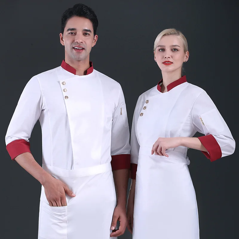 C325 cozinha restaurante cozinheiro workwear chef uniforme camisa múltipla cor dupla breasted chef jaqueta unisex manga longa macacão