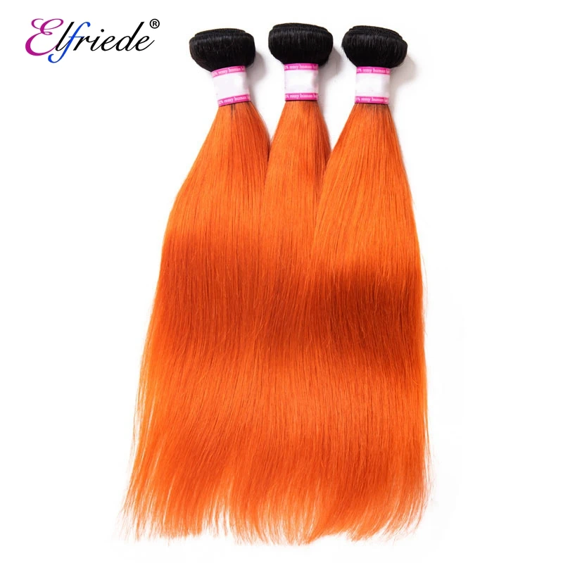 Elfriede Ombre #1B/Orange Straight Hair Bundles with Closure 100% Human Hair Weaves 3 Bundles with Transparent Lace Closure 4x4