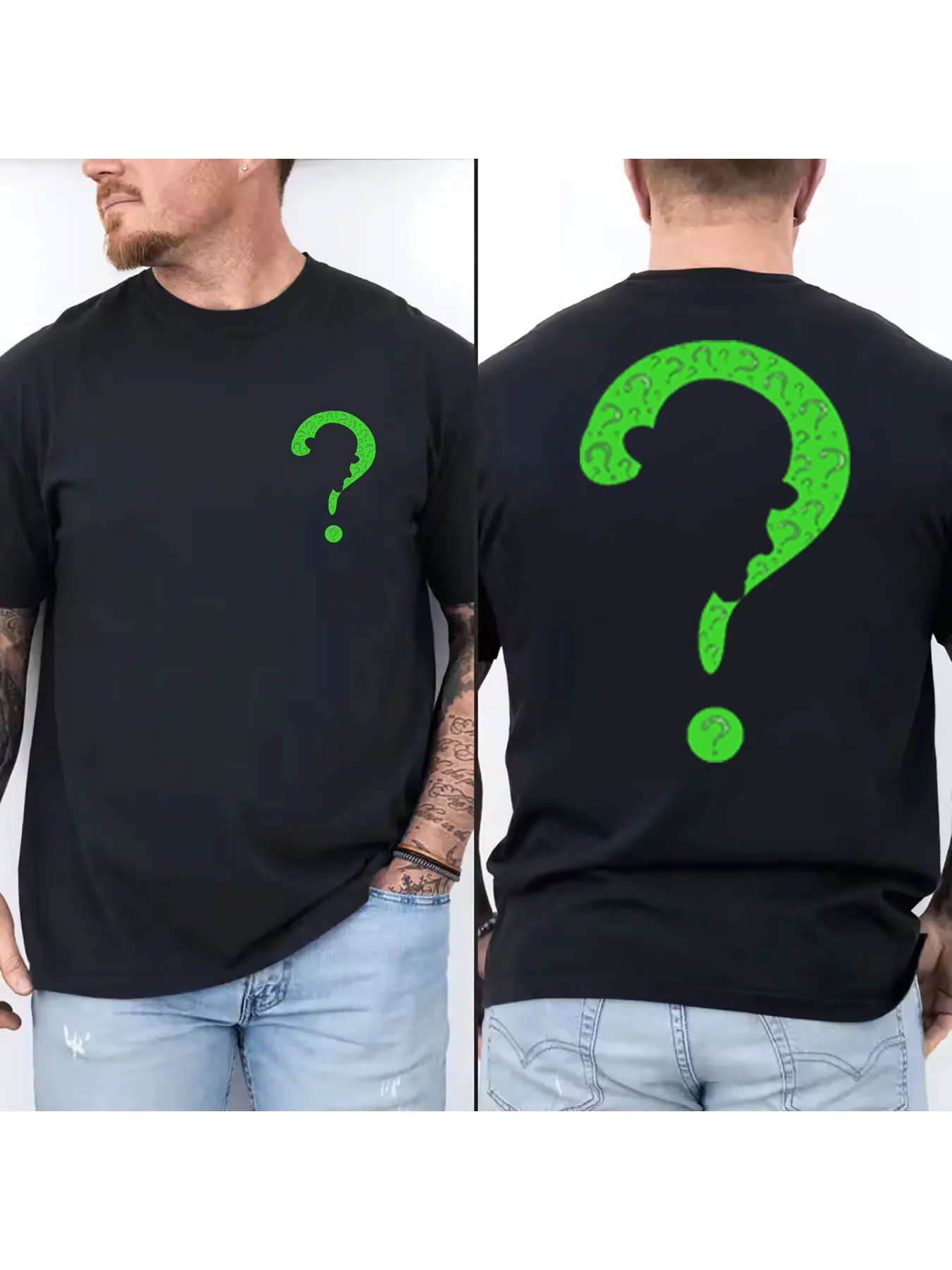 Men's Cotton Short Sleeve T-Shirt, Green Question Mark Pattern Crew Neck Tee, Casual Breathable Lightweight Top for Daily Wear
