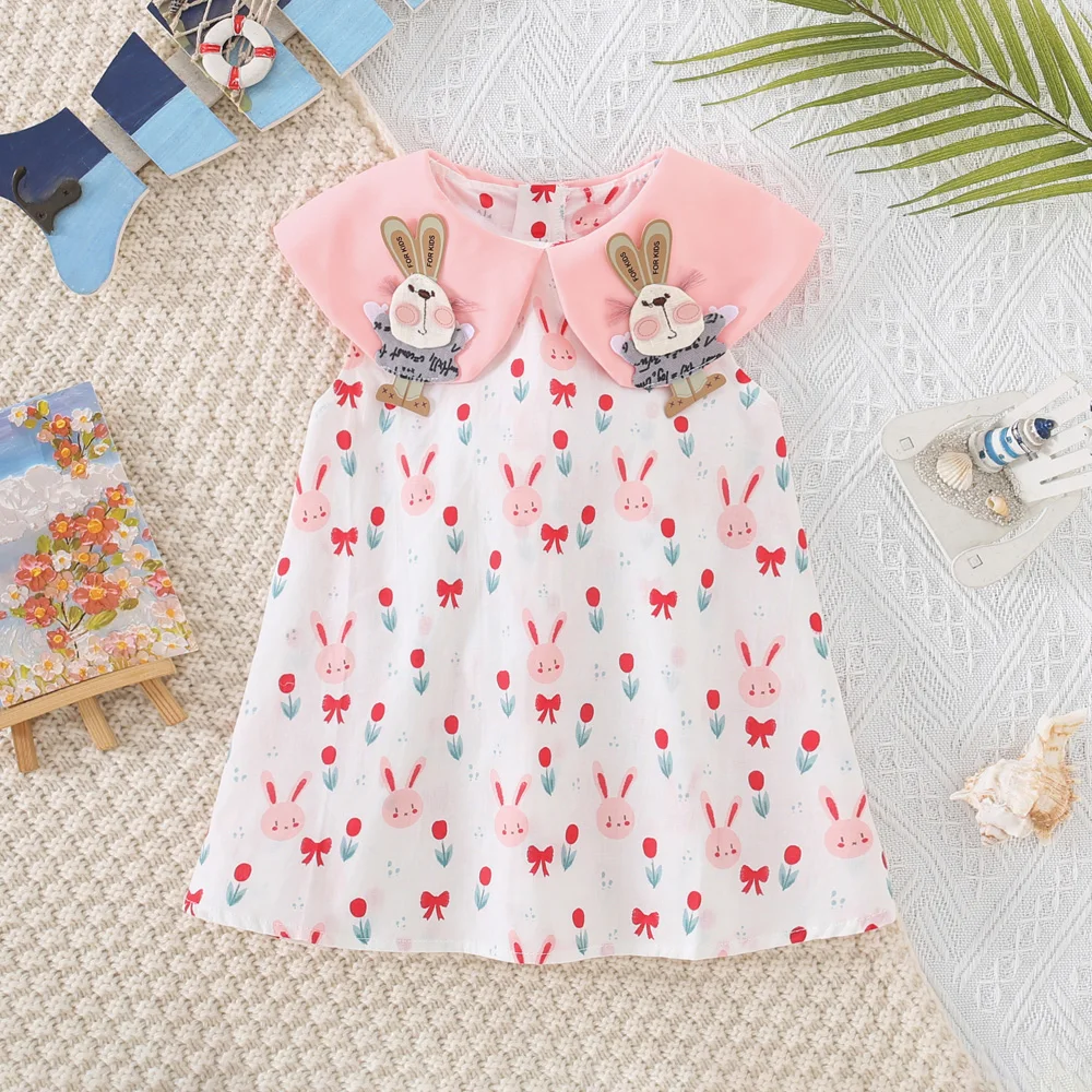 Summer Girls\' Dress Baby Girl Cartoon Rabbit Big Collar Full Body Printed A-Line Sleeveless Princess Dress