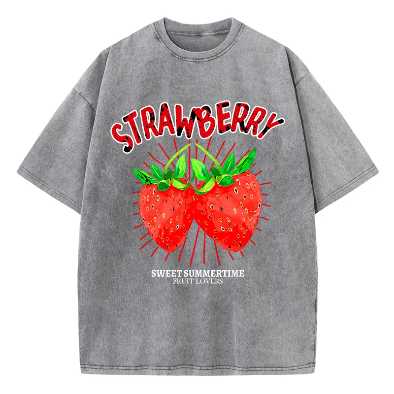 

Red Strawberry Prints Washed T-Shirt Women Cotton Oversized Tops O-Neck Comfortable Distressed T Shirt Summer Casual Clothes