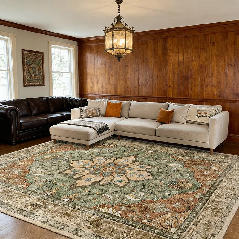 

Living Room Area Rug Bohemian Style Green Bedroom Oversized Rug Machine Washable Non-Slip Floral Vintage Print Carpet