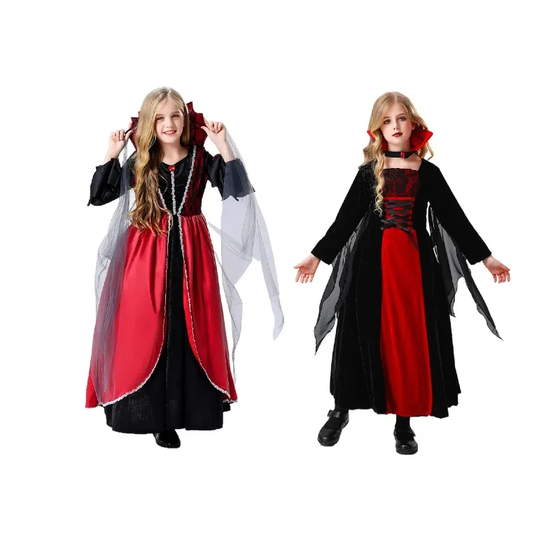 

Halloween Witch Costume for Kids Girls Vampire Dress Death Ghost Cosplay Carnival Party Retro Collar Stage Performance Costumes