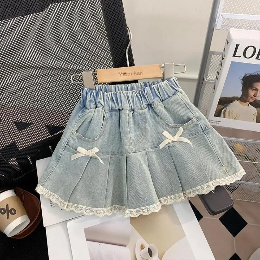Girls' Denim Lace-Trimmed Multi-Layered Tiered Skirt Korea Bow Princess Skirt Fashion A-Line Skirt Summer Kids Clothes 2-10Year