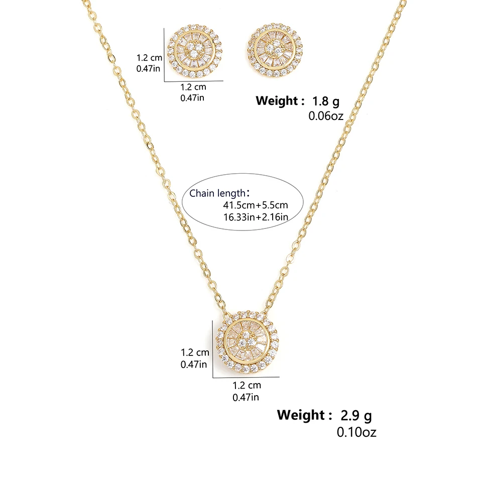 Women's Korean Circular Micropaved Zircon Necklace Earrings Set