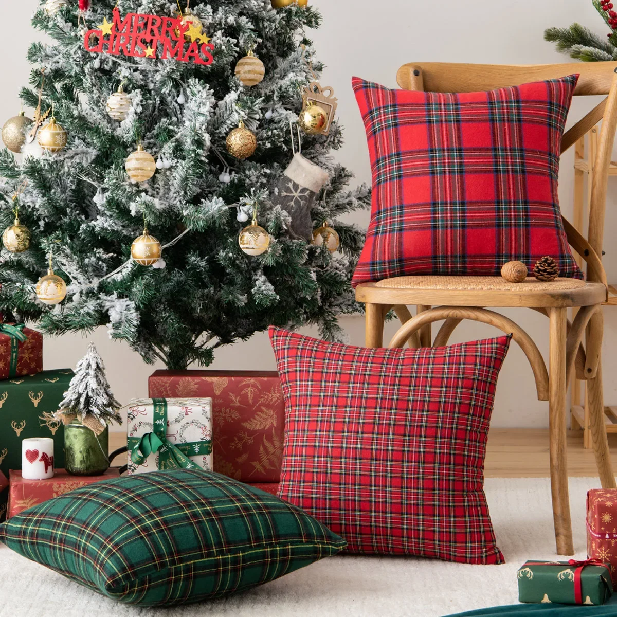 

1pc Christmas Plaid Throw Pillow Covers Scottish Tartan Cushion Case for Farmhouse Home Holiday Decor Red and Green 18x18Inches