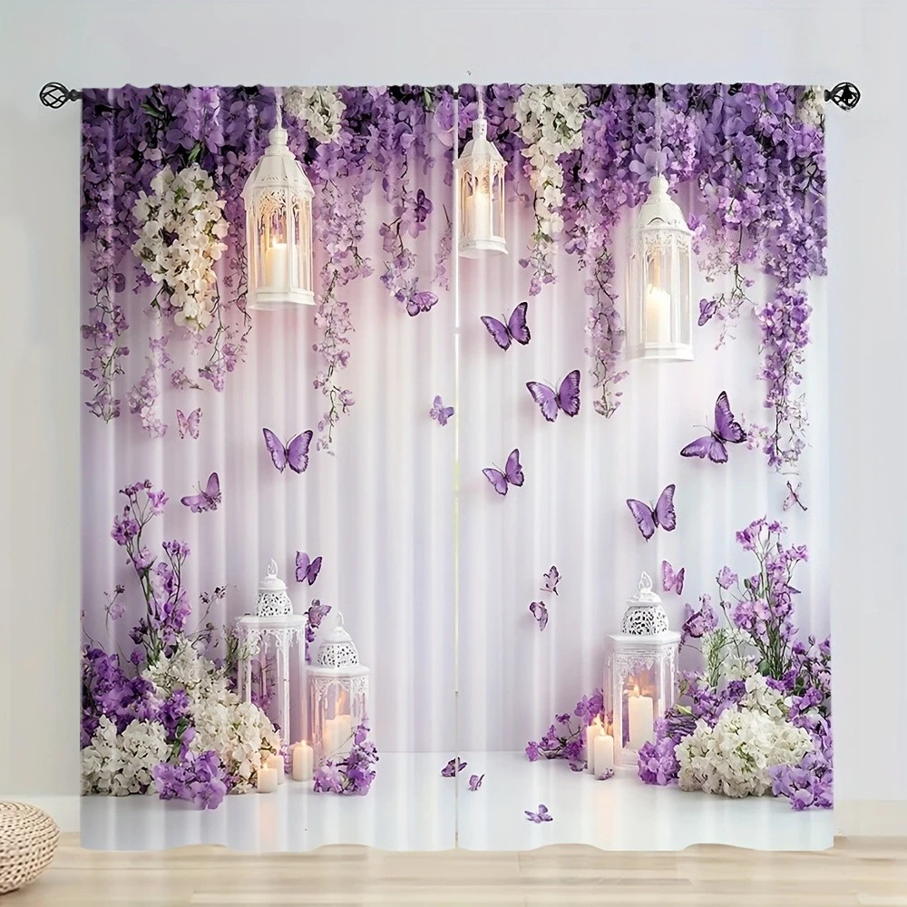 2pcs Romantic Purple Wisteria and Butterfly Print Curtains Floral Lantern Pattern Polyester Drapes for Living Room Bedroom Decor