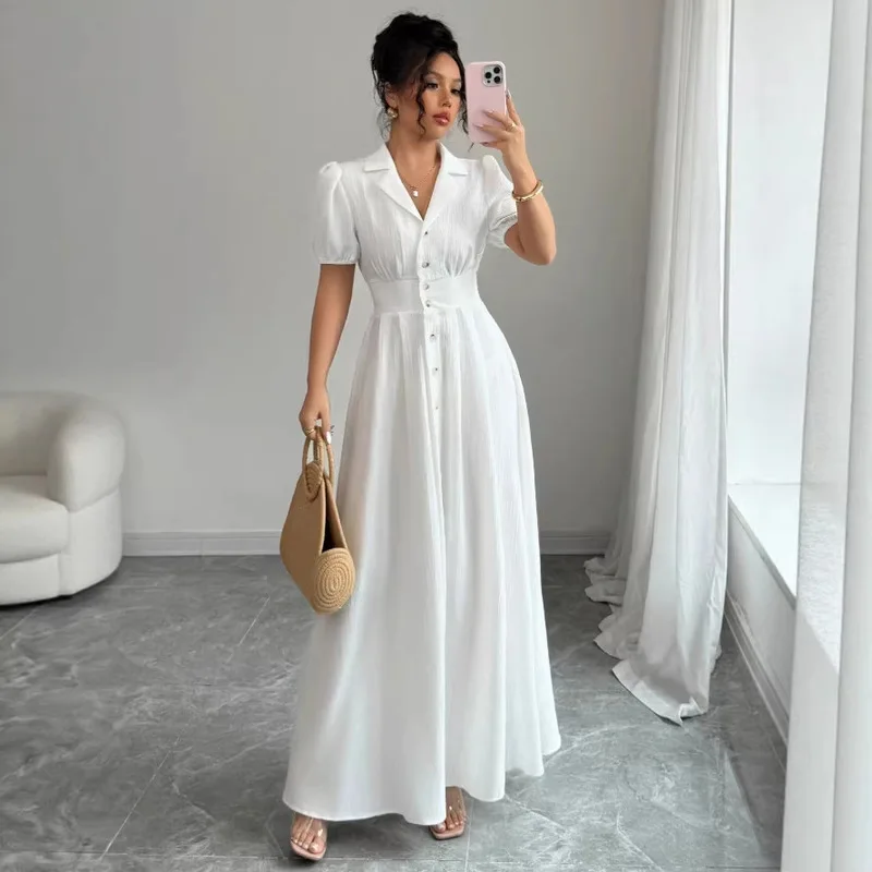 White V-neck Long Dress French Style Waist Collection 2026 Cross Border New Fashionable Elegant Women's Gown