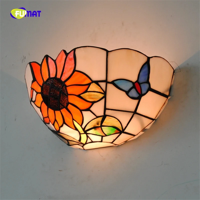 FUMAT Bohemia Sunflower Glassshade Wall Lamps Bedside Corner Light Wall Lamp Stained Glass Butterfly Wall Sconce Home Decor