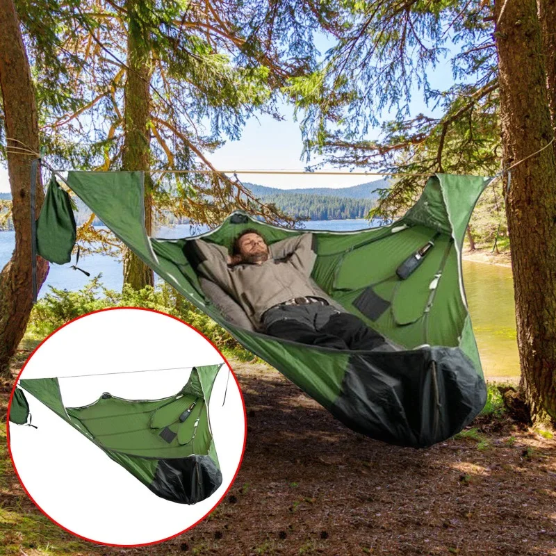 Outdoor Survival Portable Single Hammock Tear-proof Mosquito-proof Lying Flat Hammock Camping Elevated Sleeping Bed