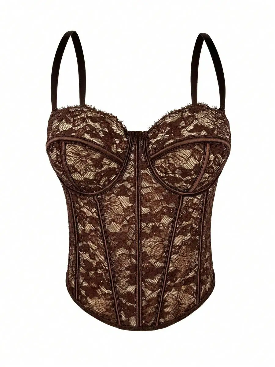 Top corsé de encaje negro para mujer, con detalles florales, y body moldeador.