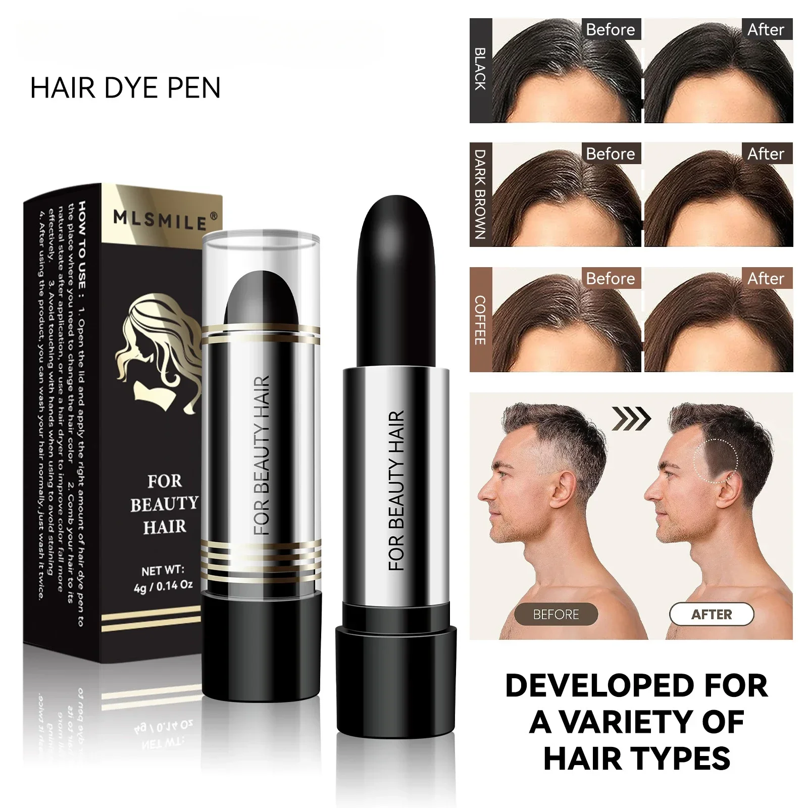 Black Brown Hair Dye Pen Hair Color Cream Stick Penicl  Fast Temporary Hairs Dye Coverage, White Hair Dye Non-toxic Dyeing Pen