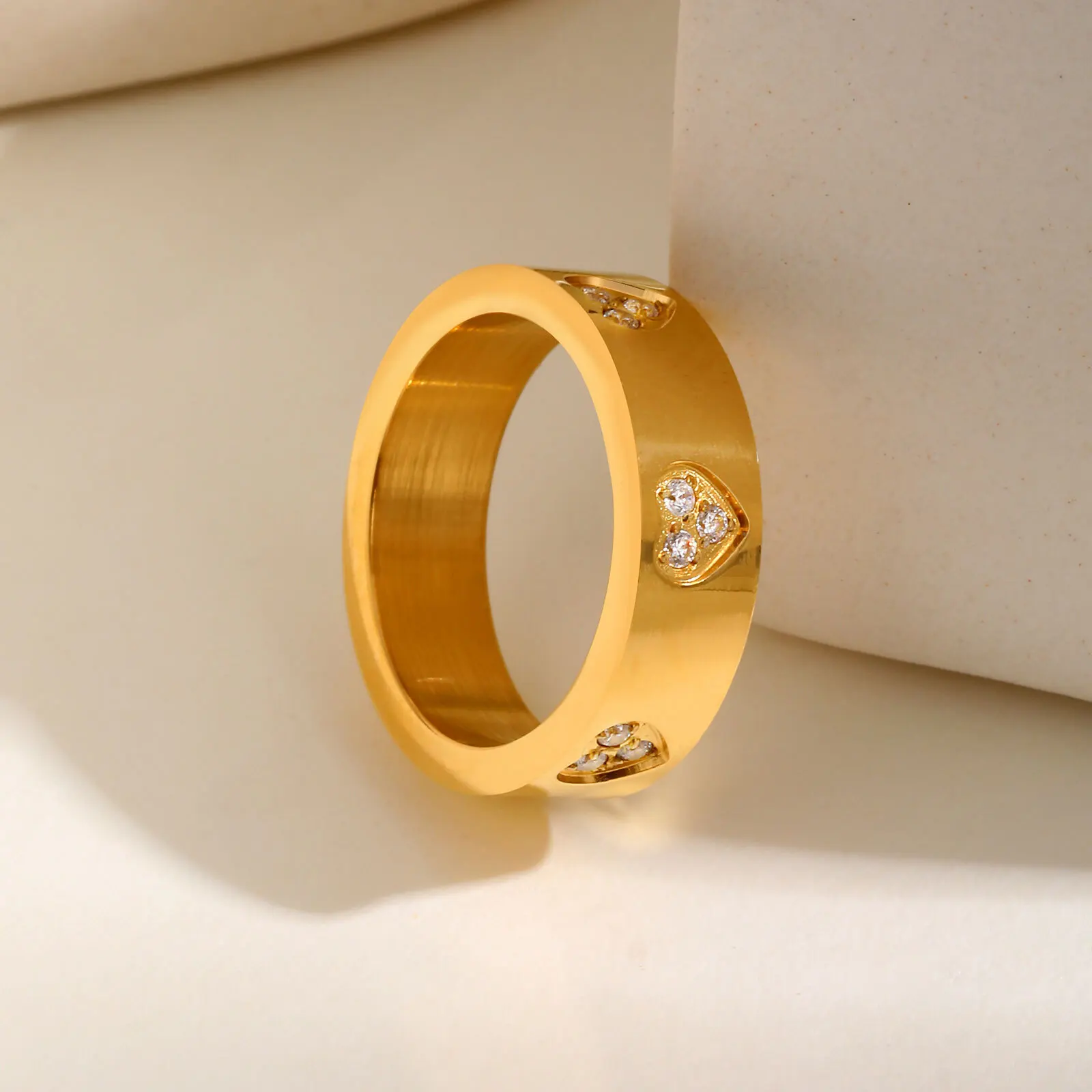 Vnox Stainless Steel Classical Rings For Women Men,Heart Carve Three Zircon Inlay Stackable Rings,Charm Jewelry Love Statement
