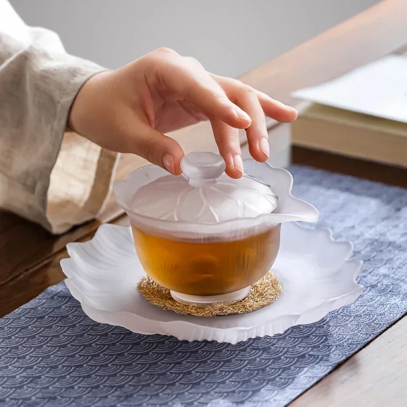 Durable and sturdy Frosted glass tea set home kungfu tea small cup cover bowl glass fair mug luxury high-end gift box