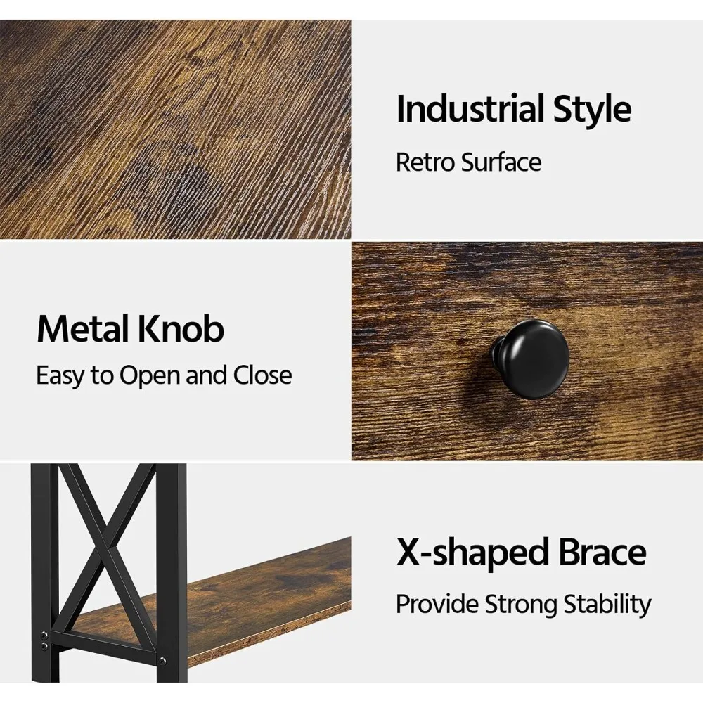 طاولة كونسول بنية ريفية مع درج، أرفف تخزين من 3 طبقات للمدخل، غرفة المعيشة، المدخل #5