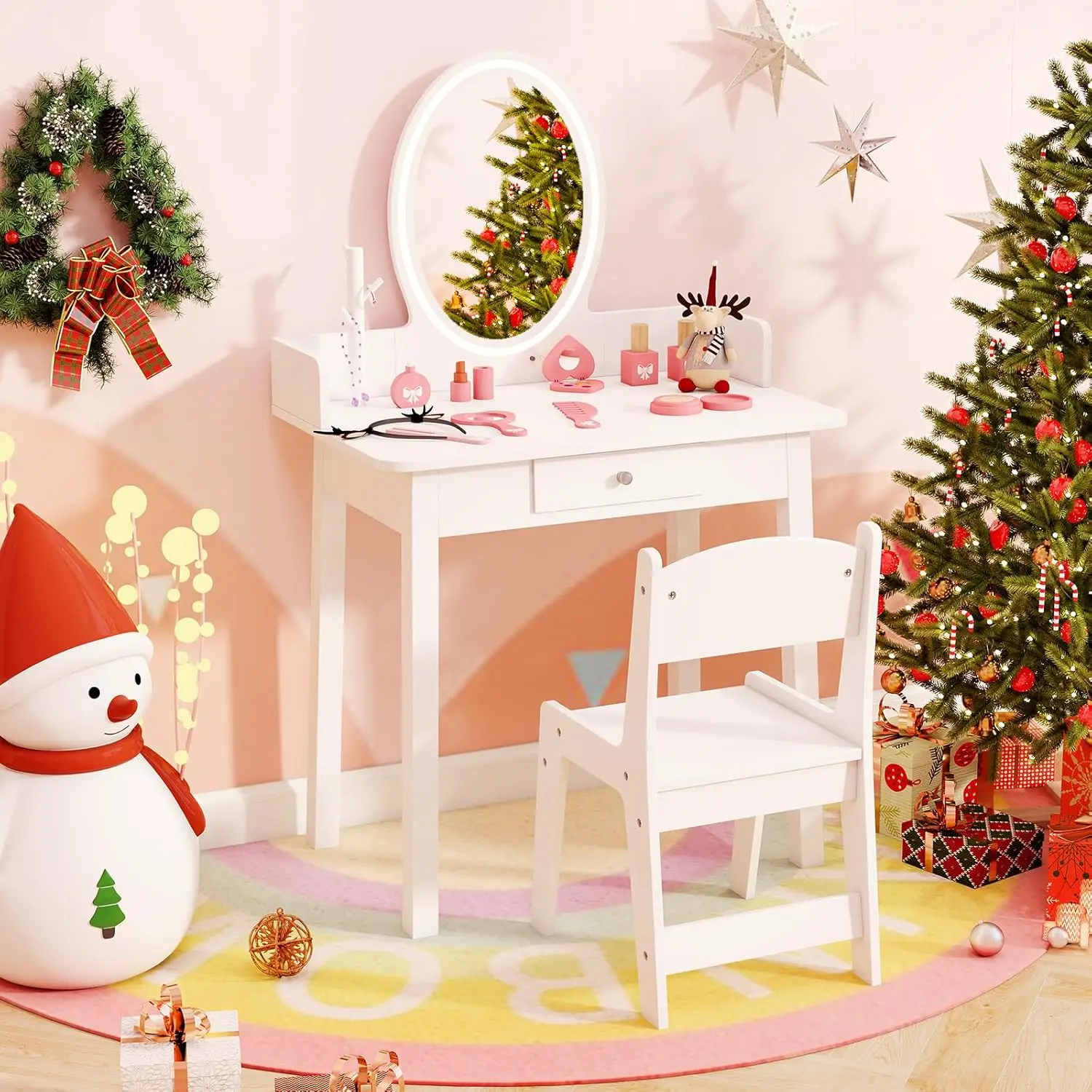 Olakids Kids Vanity Set With Lights, 2 In 1 Wooden Princess Makeup Table And Chair With Detachable Mirror, Jewelry Rack,